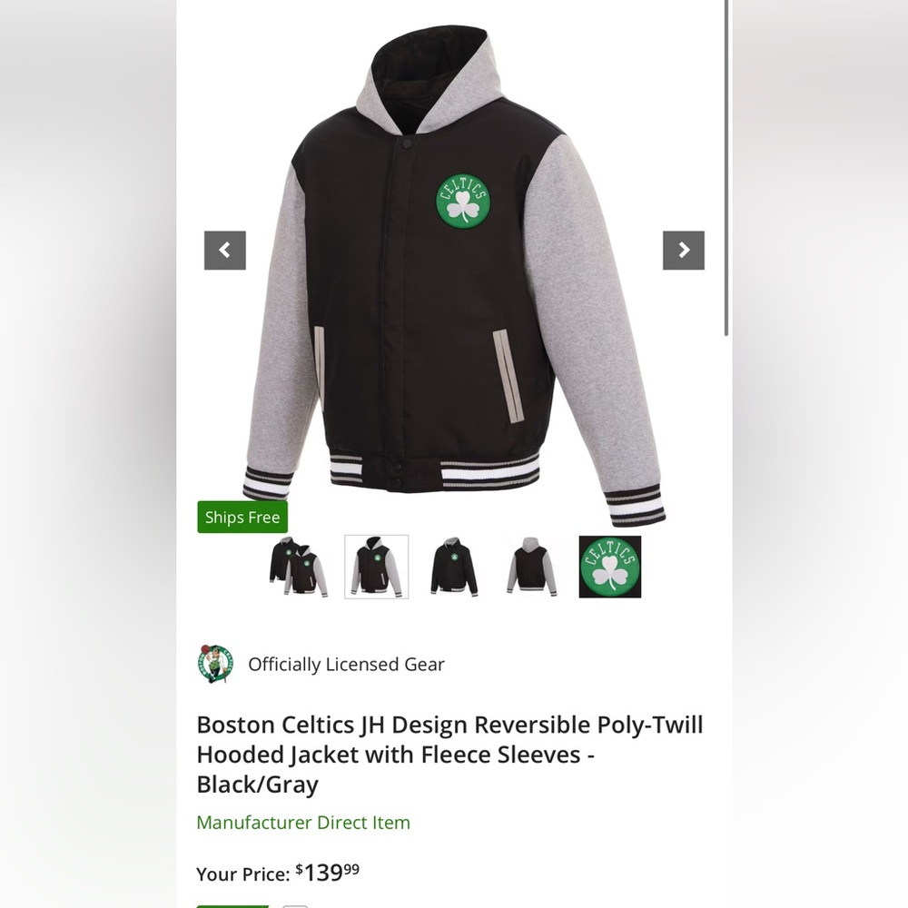 Boston Celtics JH Design Reversible Poly-Twill Hooded Jacket with Fleece Sleeves